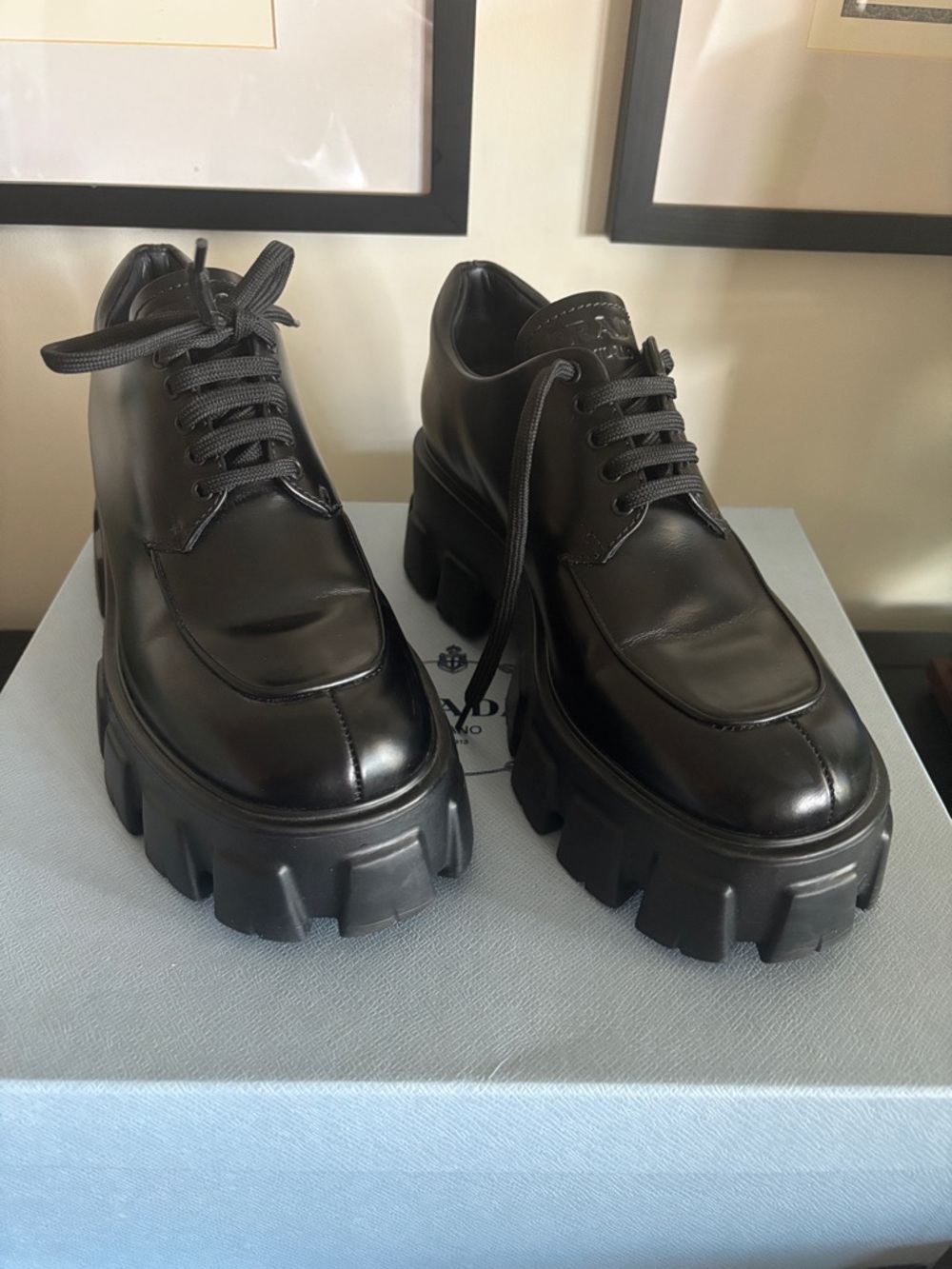 Prada Black Chunky Lug Platform Lace-Up Loafers - Picture 3 of 6